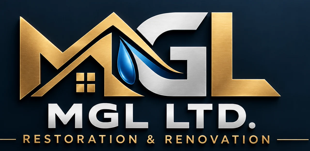 MGL approved second logo concept — architectural gold monogram with blue water droplet